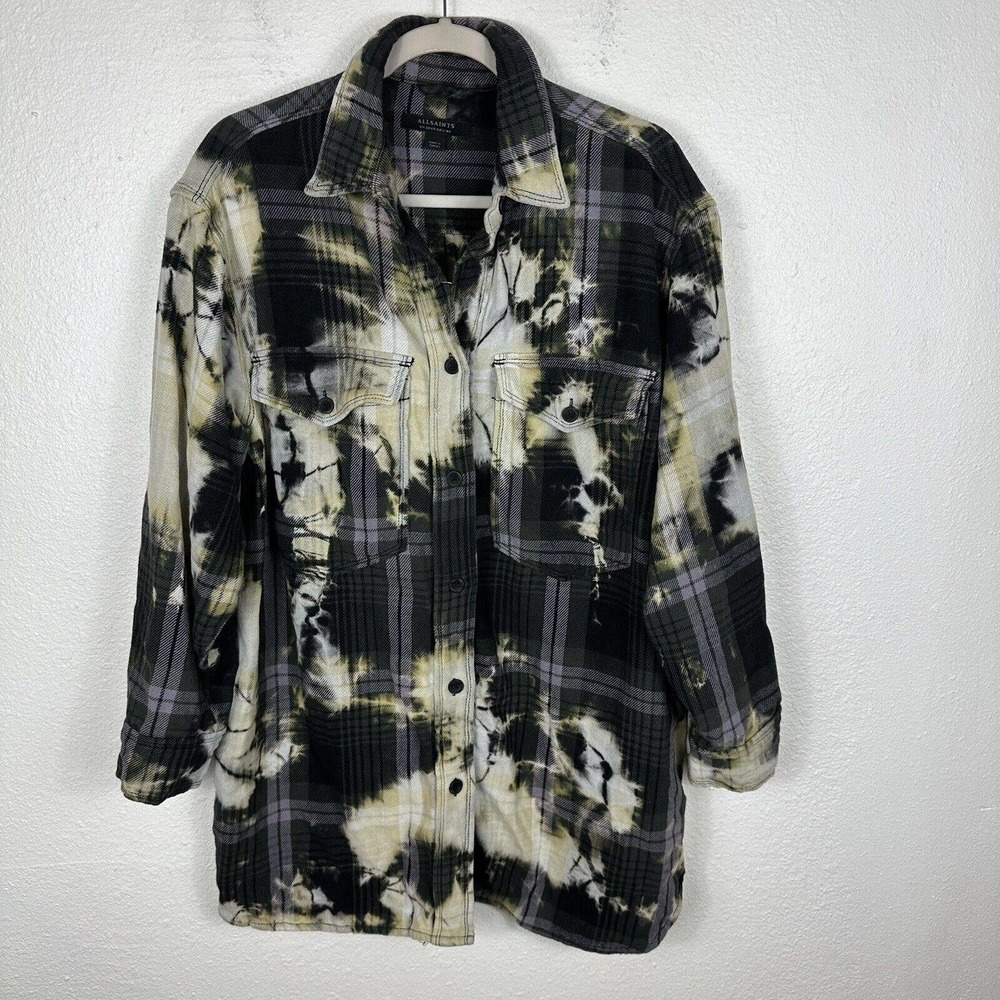 All Saints Lily Check Shacket Shirt Dress Flannel Size 8 Tie Dye Black
